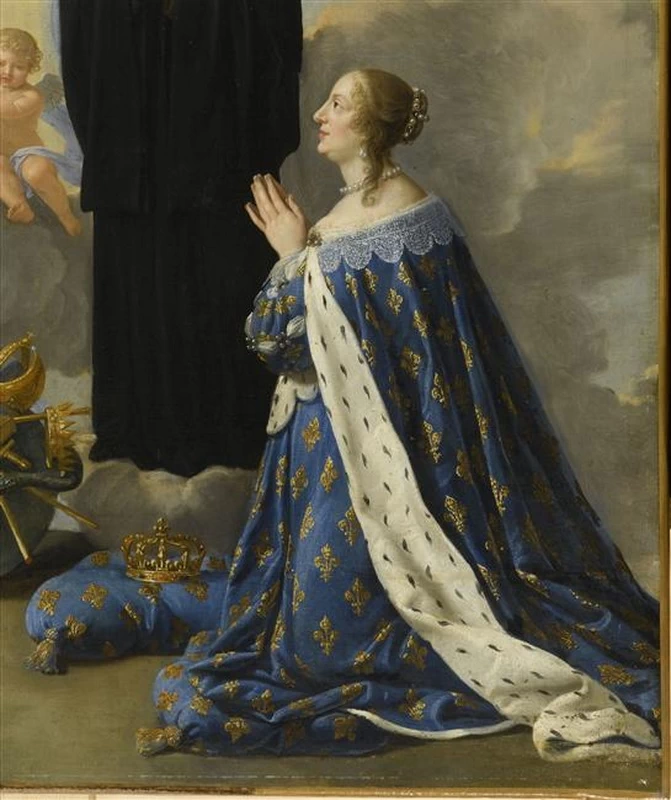 Anna d'Austria con i suoi figli, pregando la Santissima Trinità con San Benedetto e sua sorella Santa Scolastica - dettaglio della regina Anna